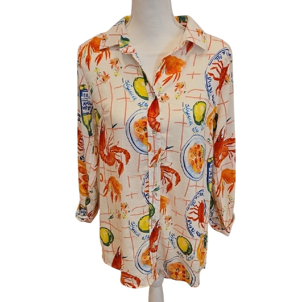 Calypso St. Barth Colorful Seafood Lemon Print‎ Button-Up Shirt Small Linen Top